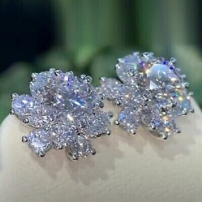 4Ct Lab Created Diamond Flower Stud Earrings 14K White Gold Finish
