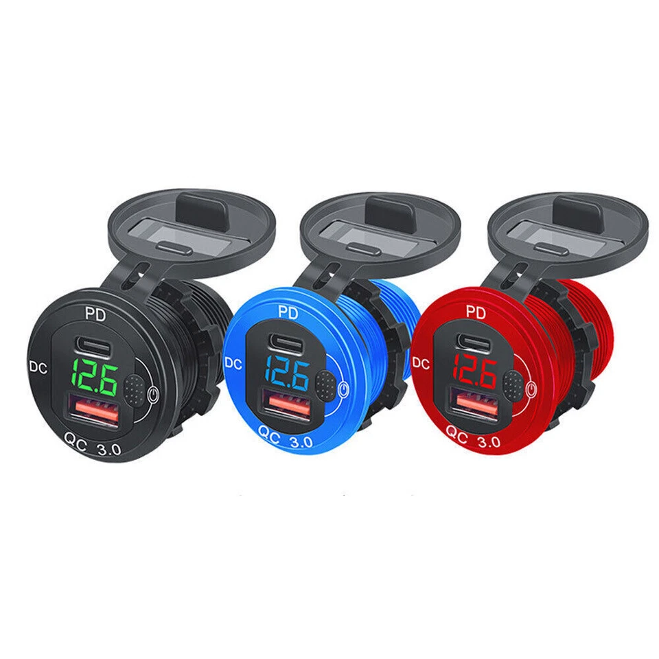 Car Dual USB Charger Socket Power Outlet QC 3.0+PD+LED Voltmeter for Boat RV - Image 2 of 4