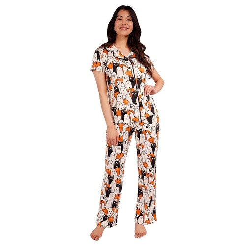 Munki Womens Halloween Pajamas Pants Shirt Black Cat Pumpkin Ghost S L