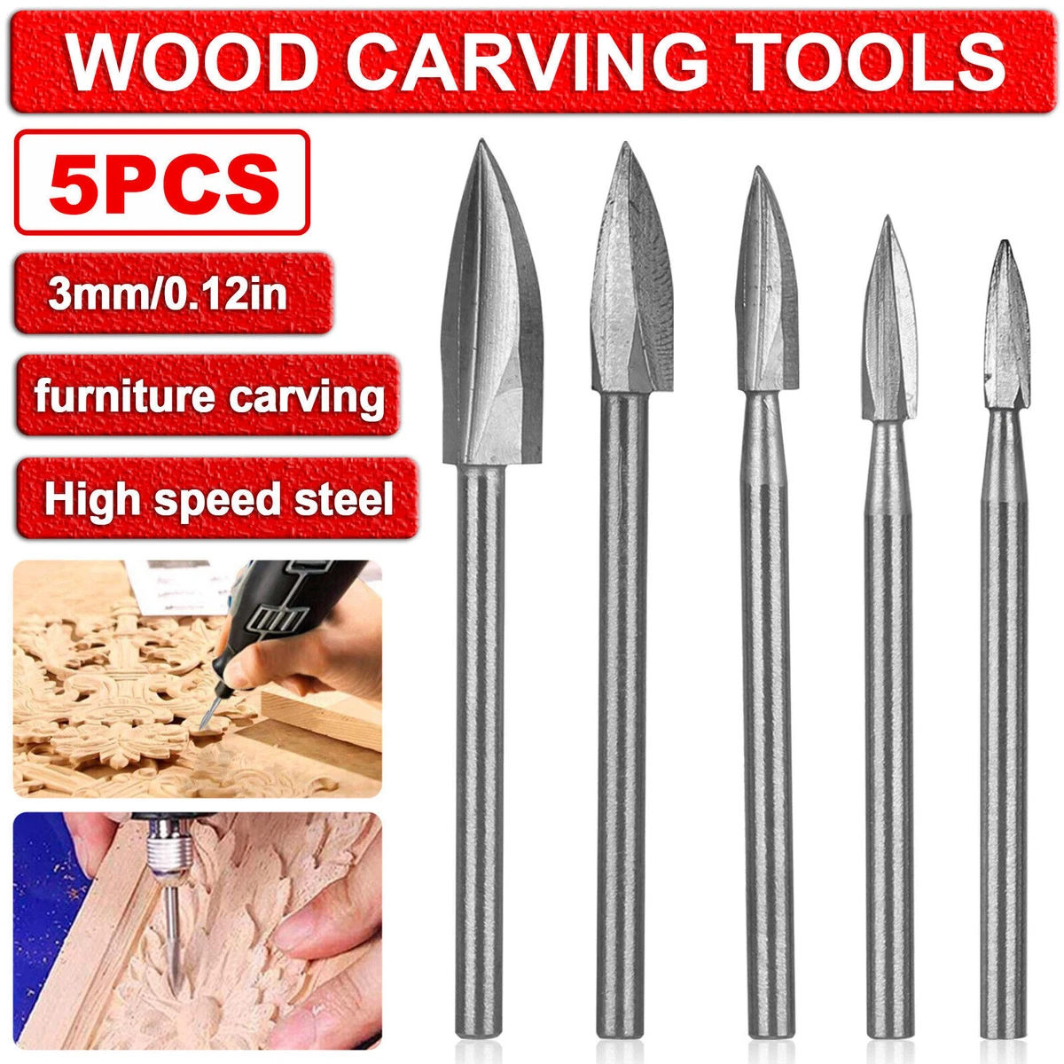 5Pcs Wood Carving Engraving Drill Bits Set Milling Cutter For Dremel Rotary  Tool