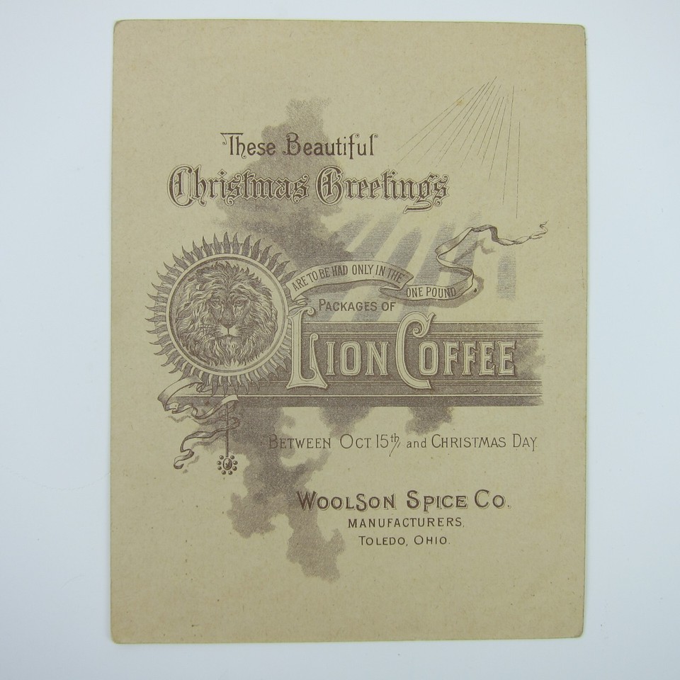 Victorian Trade Card Lion Coffee Woolson Spice Christmas Santa Toys