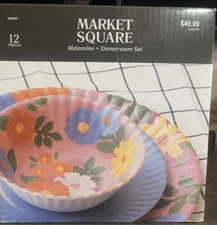 Market Square 12 Piece Set Floral Pastel Melamine  Dinnerware