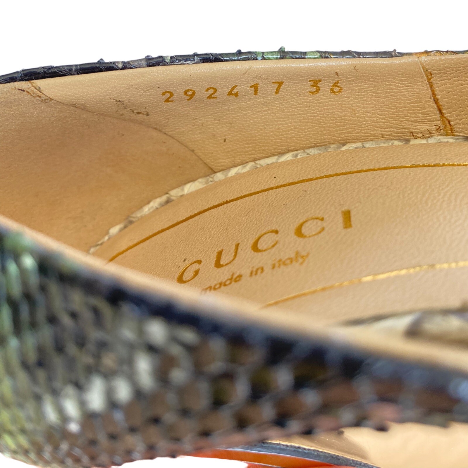 GUCCI Multicolor Python Leather Peep Toe Gold Mir… - image 11