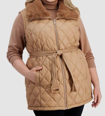 Calvin Klein Women's Beige Faux-Fur-Trim Quilted Puffer Vest Jacket Plus Size 0X