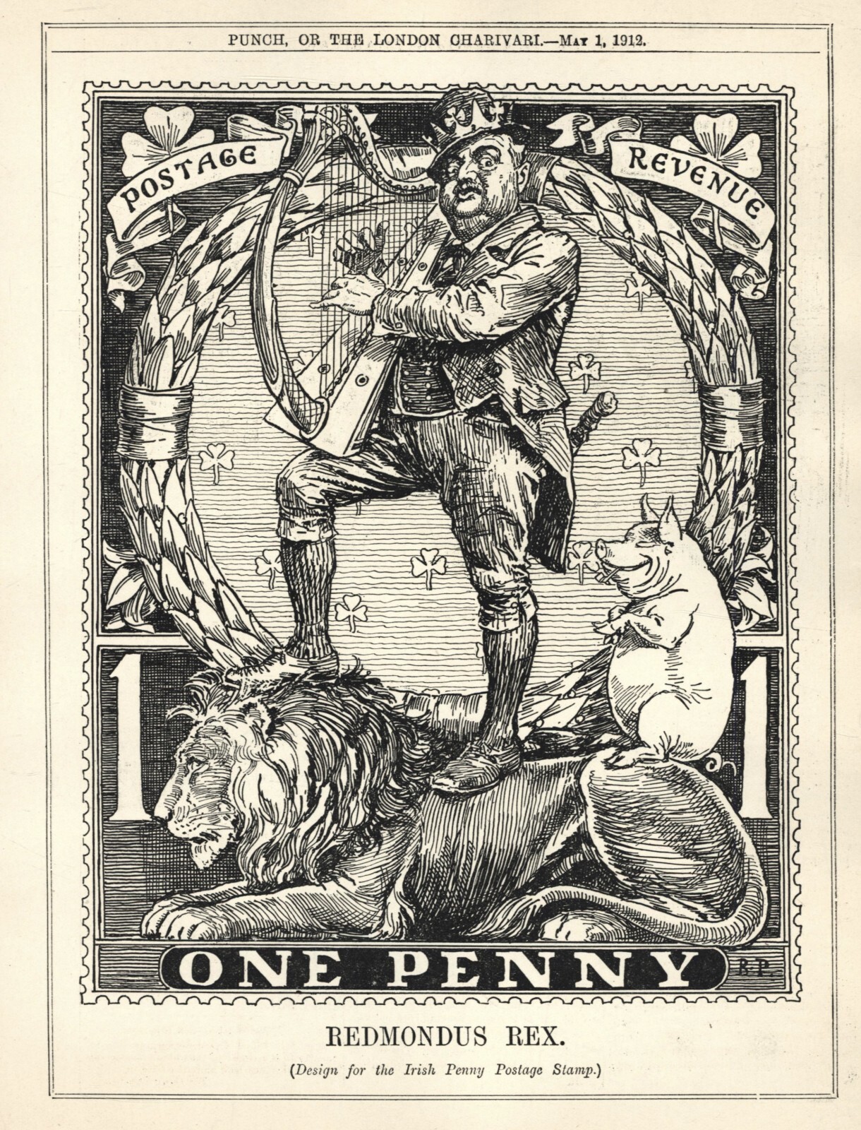 RARE 1912 British CARTOON Irish Penny Postage Stamp Design Satire - JOHN REDMOND