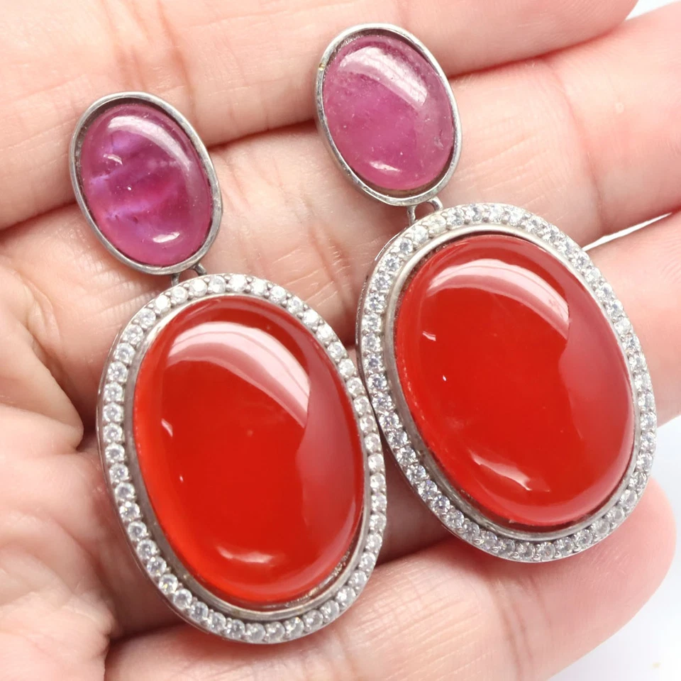 925 Sterling Silver 18 x 24 MM. Orange Agate, Red Ruby & White Zircon Earrings - Image 2 of 4