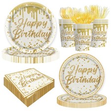 140 PCS Golden Happy Birthday Party Supplies Gold Tableware Set 20 Guests