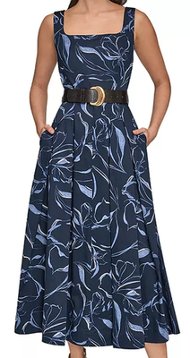 knee length dresses for ladies Floral Belted A Line Midi Dress | Shirt Dress main image 1