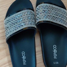 Pep&Co Women’s Black & Silver Rhinestone Slide Sandals Slip On Flat UK 5 EU 38