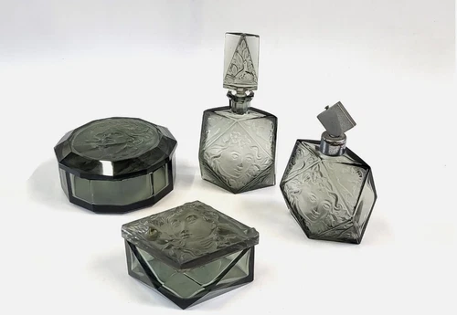 CZECH/BOHEMIAN ART NOUVEAU SMOKE GLASS DRESSING TABLE SET RUDOLF HLOUSEK. RARE