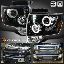 Jet Black Fits 2009-2014 Ford F150 Pickup LED Halo Projector Headlights Lamps