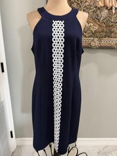 Eliza J Dress Womens Blue High Neck Sleeveless Crochet Trim Shift Knee Length