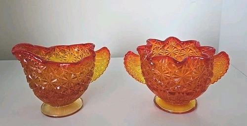 Fenton Amberine Glass Daisy and Buttons Sugar And Cream Set 3" Tall Vintage