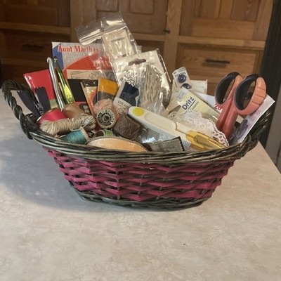 Medium Basket Full of Vintage Sewing and Craft Supplies Mixed Lot Used