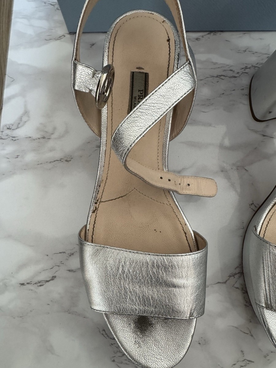 ✨ Prada Silver Leather Ankle Strap Block Heel Sandals EU 39 Box