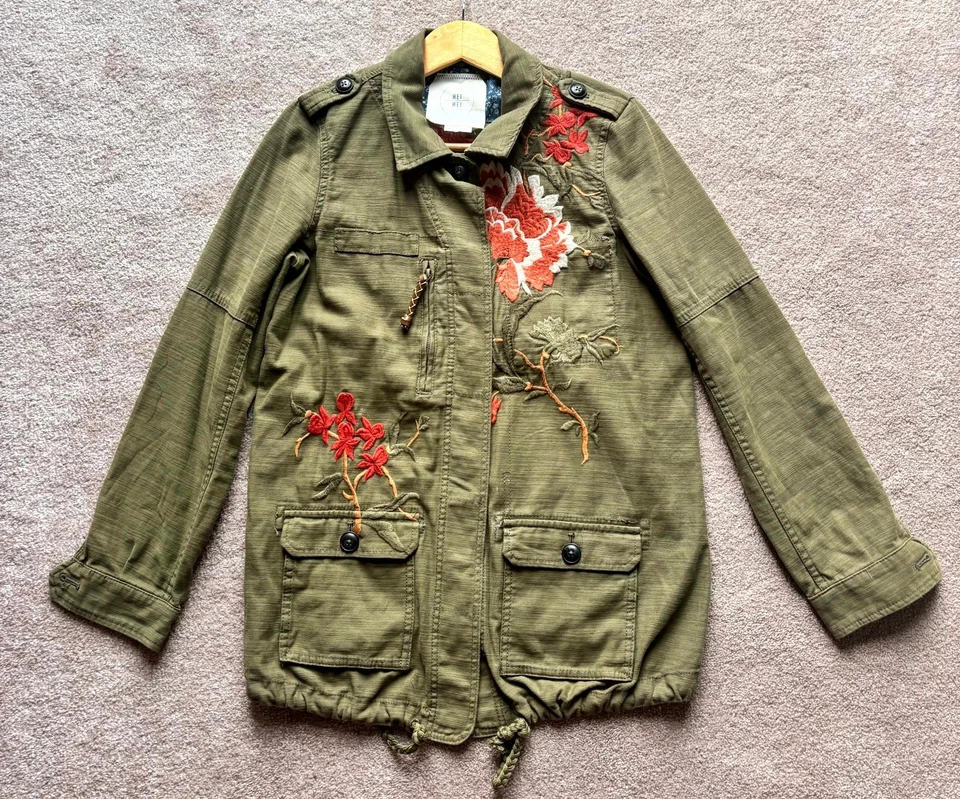 Chaqueta Utilitaria Anthropologie Hei Hei XS Verde Oliva Floral Bordada Boho Otoño Foto 2 de 4