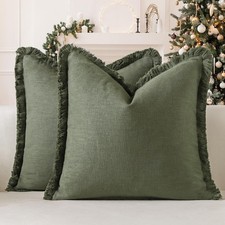 Set of 2 Linen Fringe Decorative Throw Pillow Covers 18x18 Inch Soft Accent C...