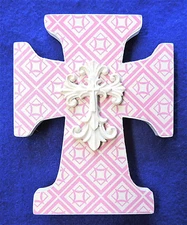 Christian Cross Decorative Pink & White Squares Stand Alone / Hang Little River