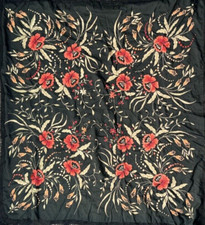 VINTAGE PIANO SHAWL BLACK with colorful EMBROIDERY LONG FRINGE Bin-Z