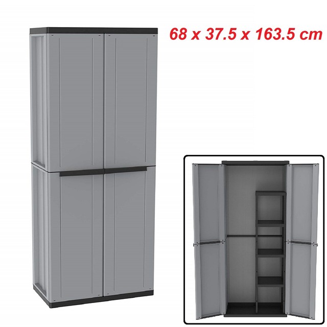 Tall Outdoor Plastic Storage Utility Cabinet Shed Upright Tool Black Cupboard