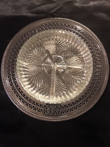 Wm Rogers #811 Eagle Star Round Silverplated Tray w Glass 3 Part Relish Insert - Picture 2 of 12