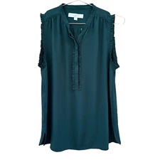 LOFT Women's Blouse Green Size Small Ruffles Buttons Office Business