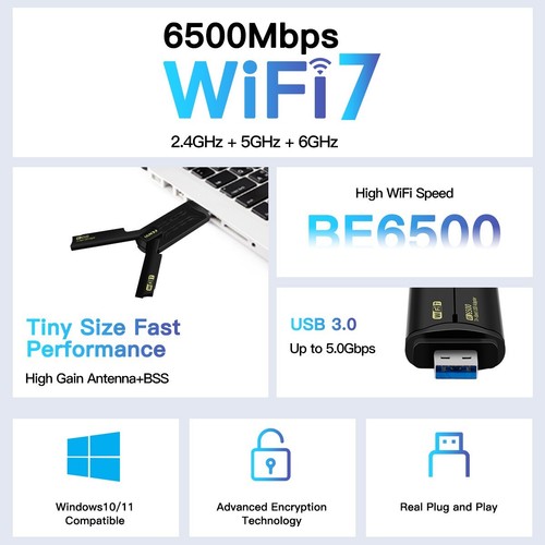 FENVi WiFi 7 USB Adapter Tri-Band BE6500 Dongles Wireless USB Card for Win 10/11 - 第 2/6 張圖片
