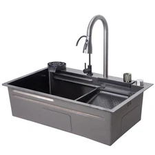 Flying Rain Stainles Steel Watefall Kitchen Sink w/Pull Down Faucet Black 29.5"