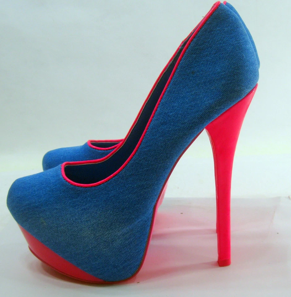 Zapato AZUL/ROSA RIBETE 6" Tacón de aguja Punta redonda 2" PLATAFORMA MUJER Talla 5.5 Foto 4 de 4