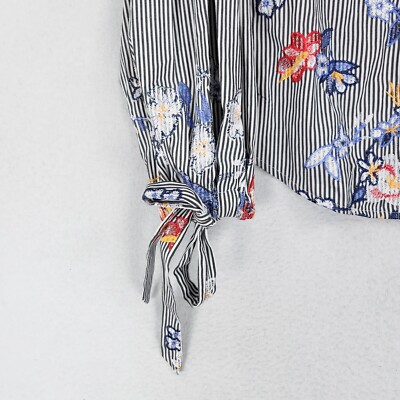 Nanette Lepore Shirt Womens Small Gray White Striped Floral