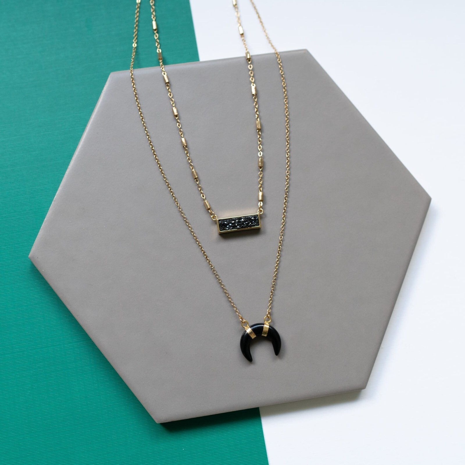 ПАНАЦЕЯ Золотой Тон Двухслойная цепочка с подвеской в виде рога из черного кварца с друзами Ожерелье