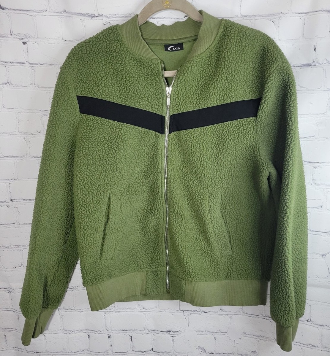 ZYIA Active Women's Olive Zip Up Flying V Fleece Jacket - SZ M GUC