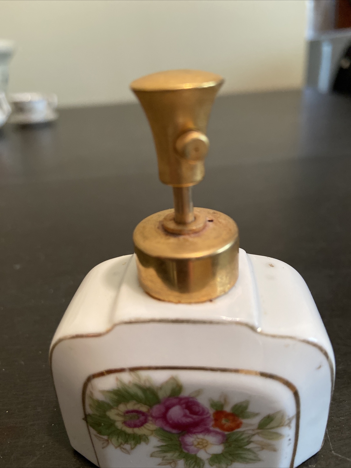 Vintage Dev Porcelain Perfume Bottle Gold Tone Metal Pump Spray