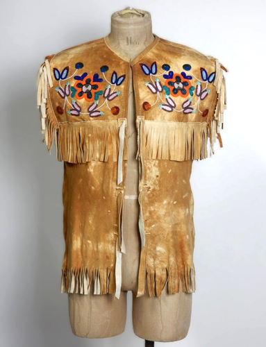 Vintage METIS Nation Fringed Deerhide Leather Beaded Flower Vest Men's L - Picture 11 of 11