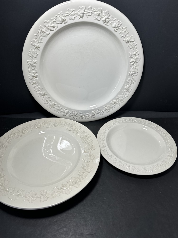 4 Vtg.Wedgwood Queensware Embossed White Chop, Dinner, Salad Plates As Is