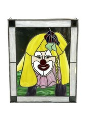 VTG Leaded Stained Glass Clown With Yellow Hair In Pink Hanging Window Panel