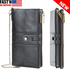 Men's Long Wallet with Chain Leather RFID Blocking Biker Trucker Bifold Zipper