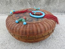 Antique Chinese Split Bamboo Sewing Basket w/ Peking Glass Beads Chinese Coins