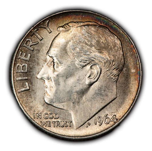 1964 10c Roosevelt Silver Dime - Rainbow Rim Toning - BU - SKU-Y5399