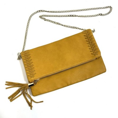 Moda Luxe Palermo Clutch Purse Mustard Foldover Crossbody Bag Gold Tone Chain