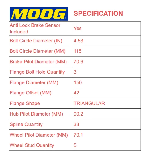 Cojinete de rueda delantera y buje MOOG para Chevy Equinox Pontiac Torrent Saturn Vue Foto 3 de 4
