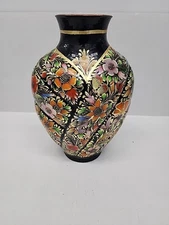 Beautiful Mexican Hand Hammered Copper Vase, Painted Flowers