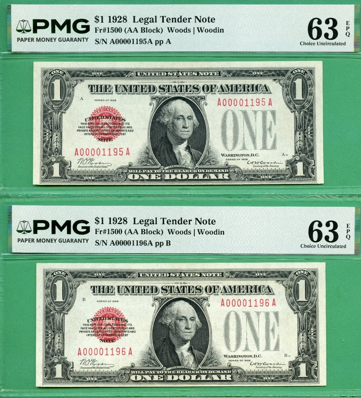 2 CONSECUTIVE & LOW 4 DIGIT SERIALS - 1928 $1 USN - Fr 1500 - BOTH PMG CU 63 EPQ