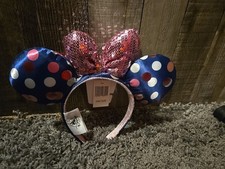 Disney Parks Polka Dots Navy Polka Dot Pink Sequin Bow Minnie Ears Headband