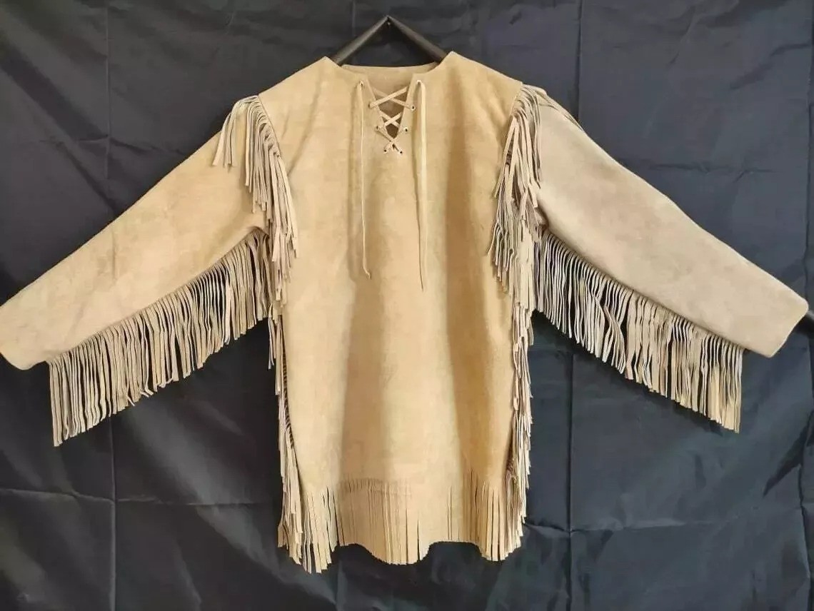 Mens Buckskin Leather Suede Jacket Fringes Deerskin Mountain Man Native American