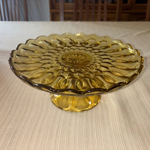 Vintage Anchor Hocking Fairfield Glass Cake Plate Pedestal Stand Honey Amber 10"