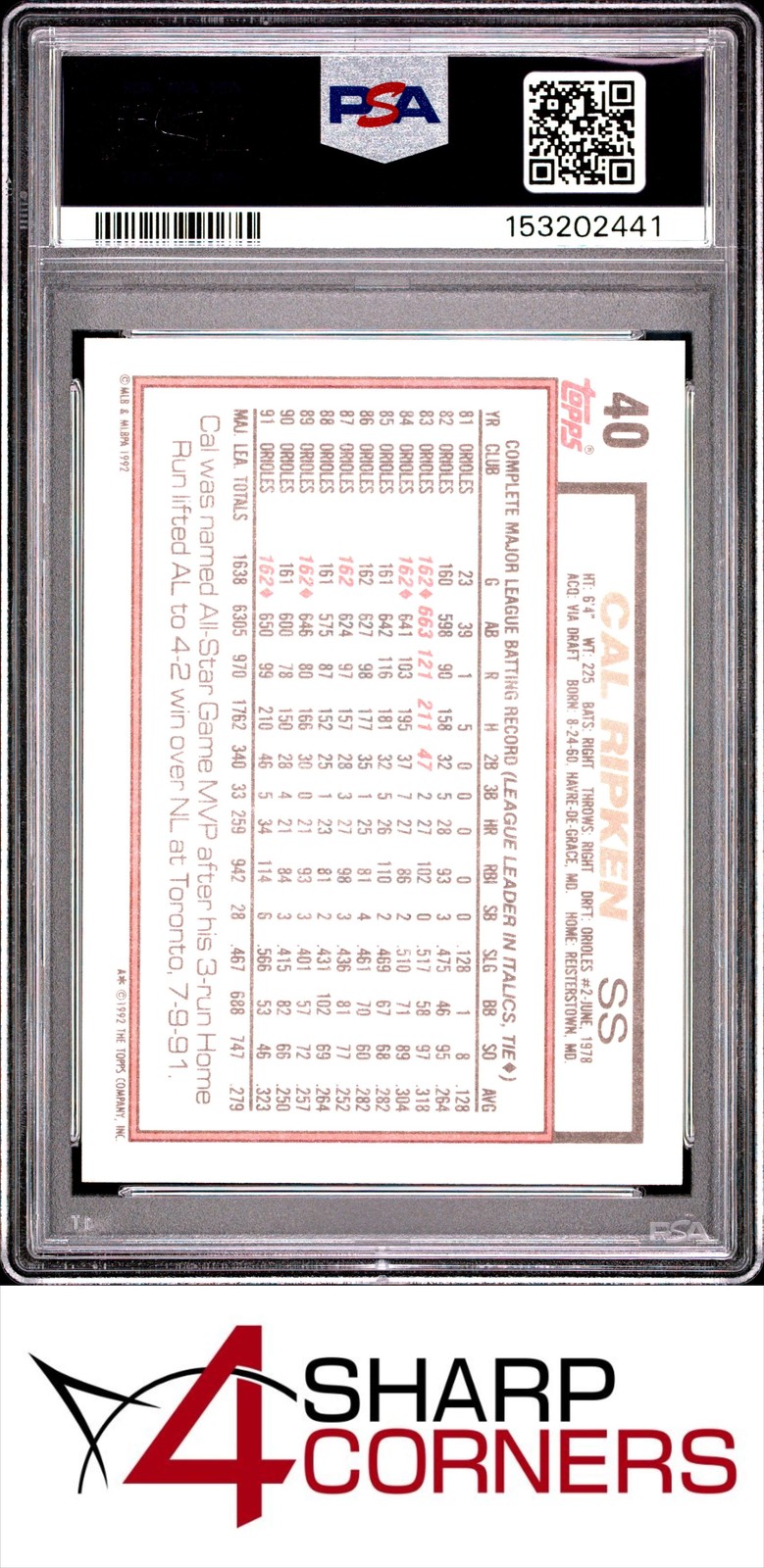 1992 TOPPS #40 CAL RIPKEN JR. ORIOLES HOF PSA 10 view 2