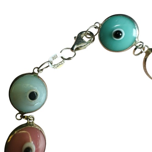 Vtg 925 TURKISH Sterling Silver Colorful Evil Eye Bezel Glass Bracelet *FLAW* - Picture 3 of 11