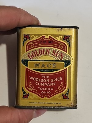 VINTAGE GOLDEN SUN MACE SPICE TIN 1912 WOOLSON SPICE CO. 