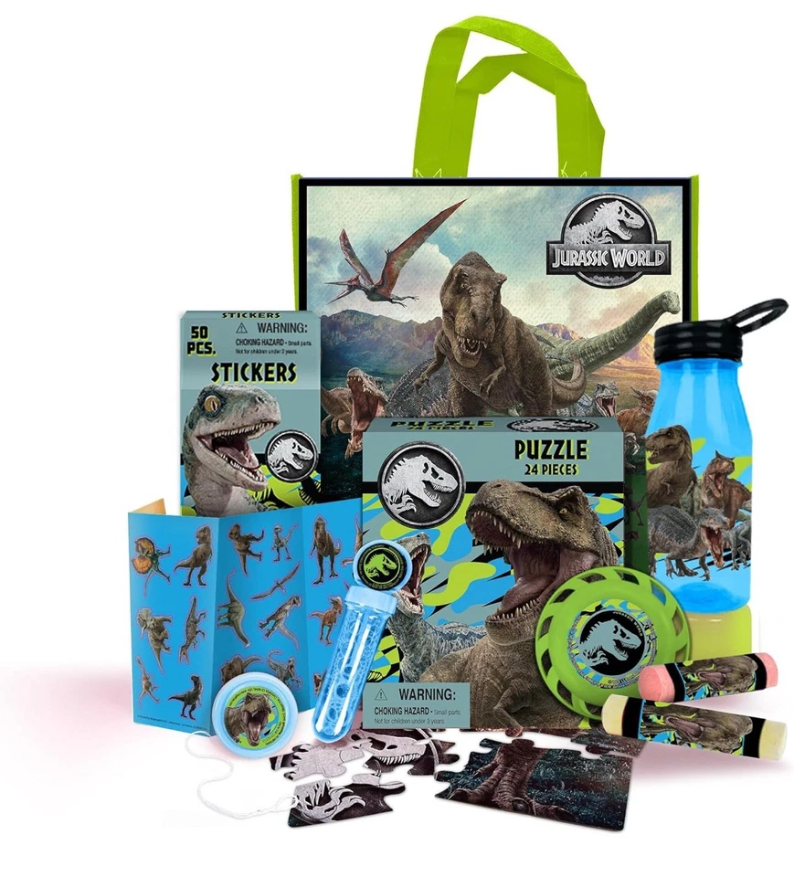 Juego de bolsas de mano Jurassic World rompecabezas botella de agua pegatinas disco volador yo tiza Foto 2 de 4